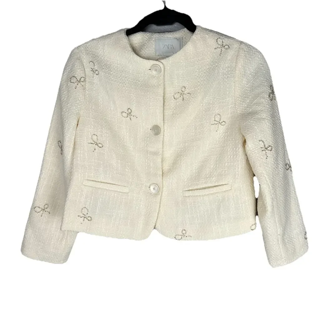 Zara Girls Tweed Bow Sequin Skirt Set Size 13 Jacket Textured Button Blazer